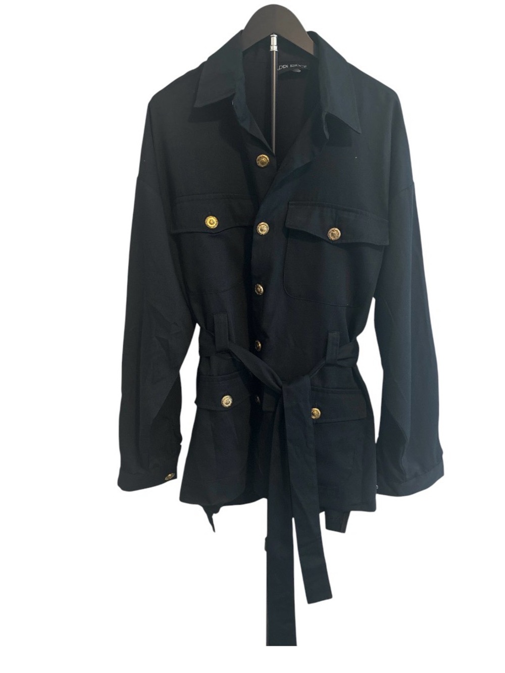 VINTAGE Alden Ridge XL Black Safari Jacket Gold Crest Buttons Belted Utility